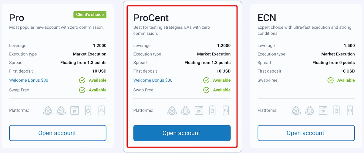 счет Pro Cent Roboforex