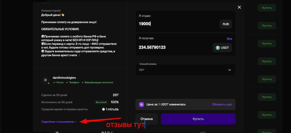 Условия сделки по p2p